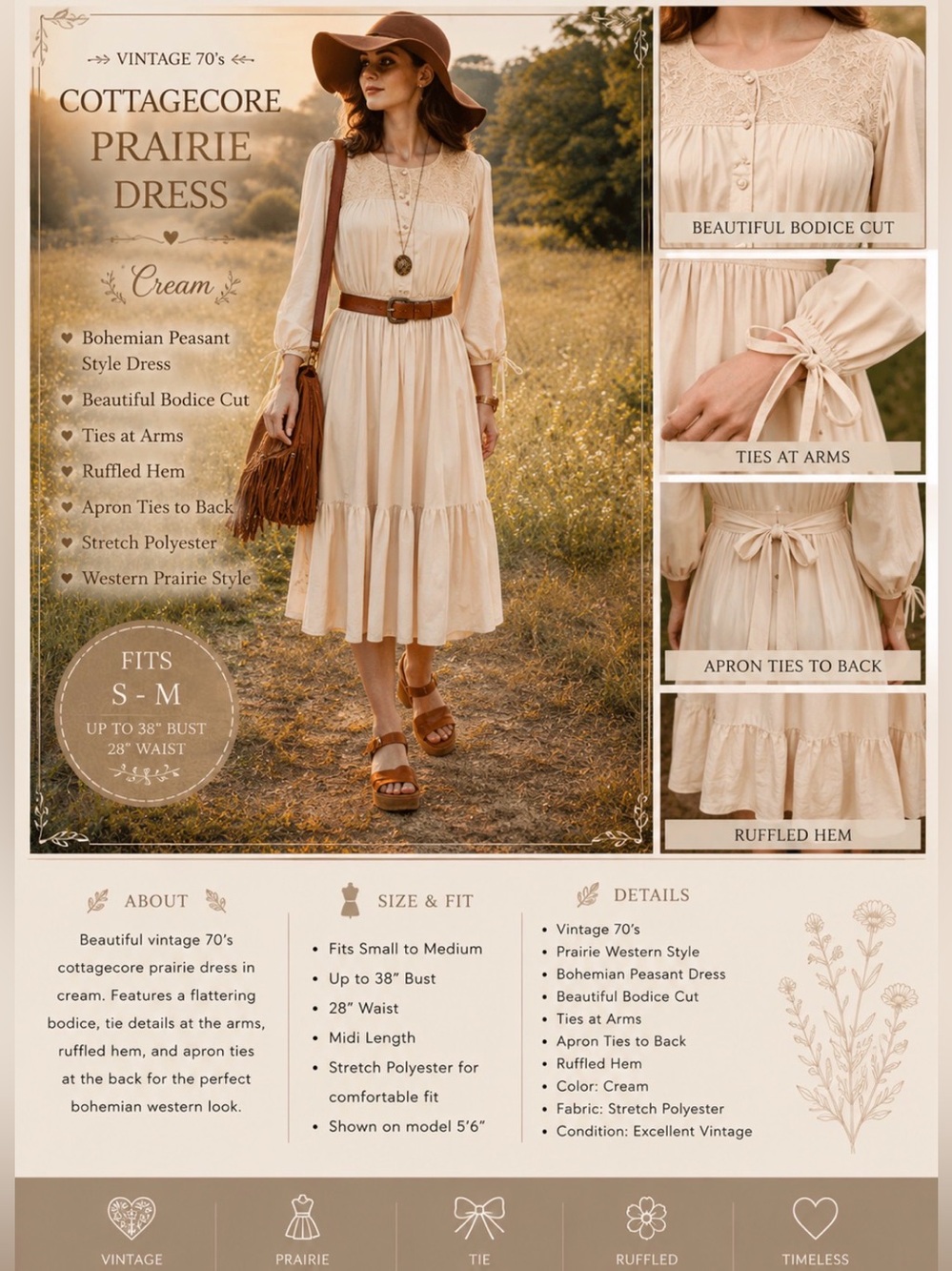 *Vintage 1970’s - bohemian- cream color  -Prairie/Peasant Dress